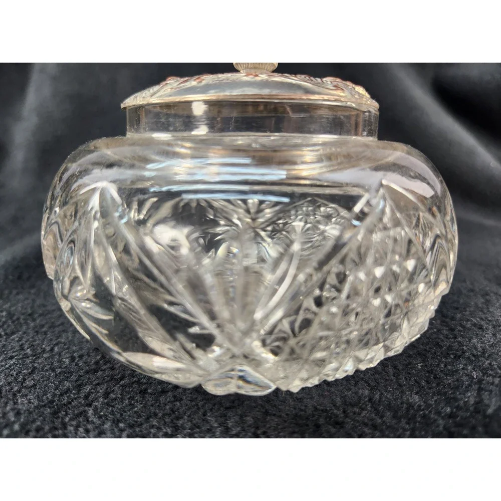 Antique Victorian Cut Glass Vanity Powder Jar Repousse Floral Trinket Box